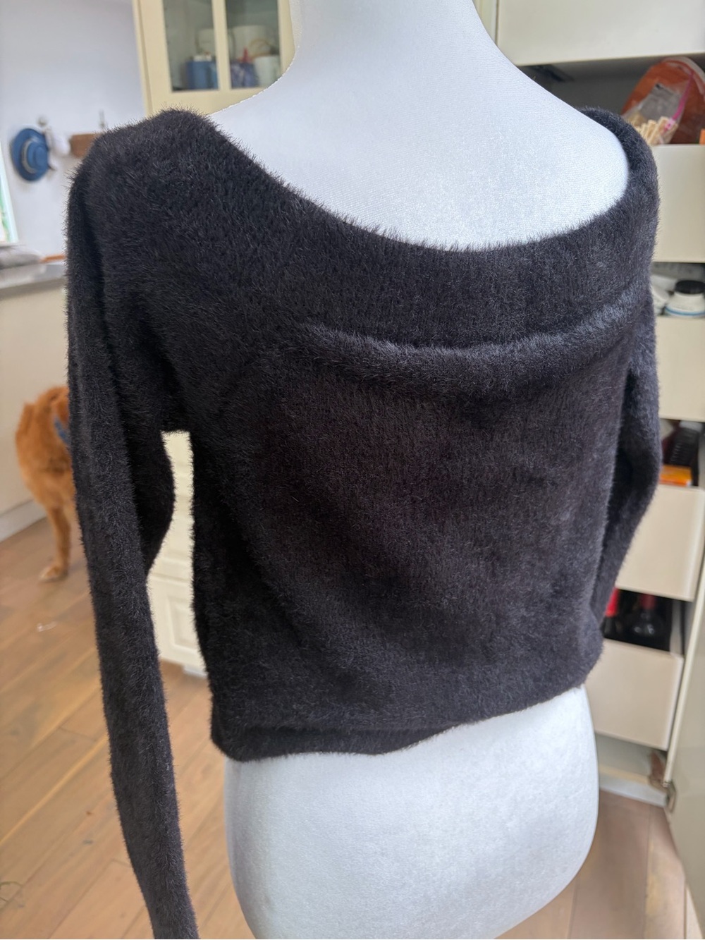 Good American Black Off-Shoulder Fuzzy Knit Sweater